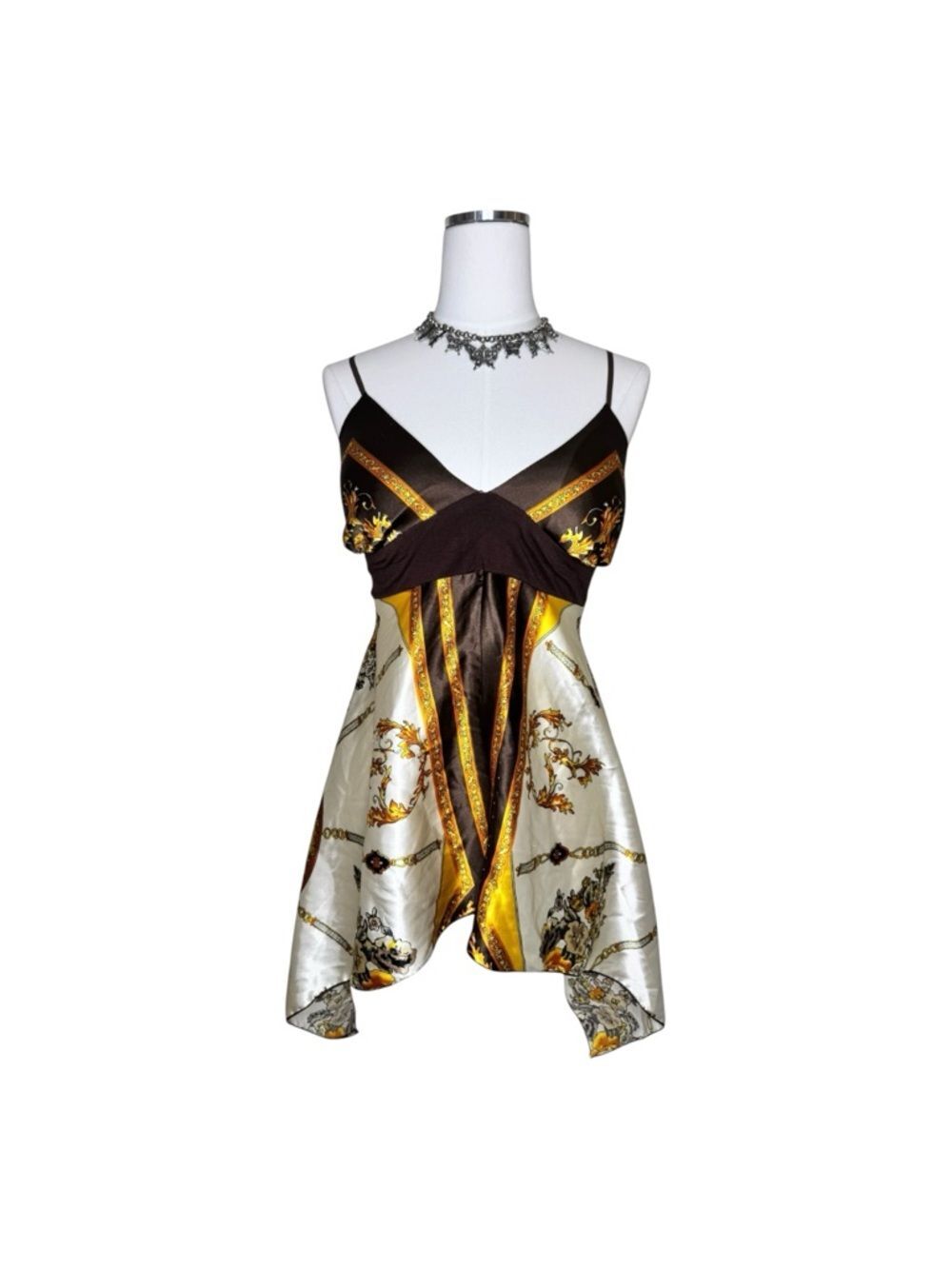 Y2K Estam Gold & Brown Floral Satin Handkerchief Hem Top Size Large